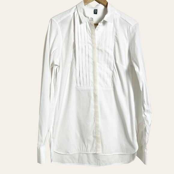 ELEVENTY Women's Solid White Pleated Bib Button Front Long Sleeve Shirt Size 8 - Picture 1 of 7